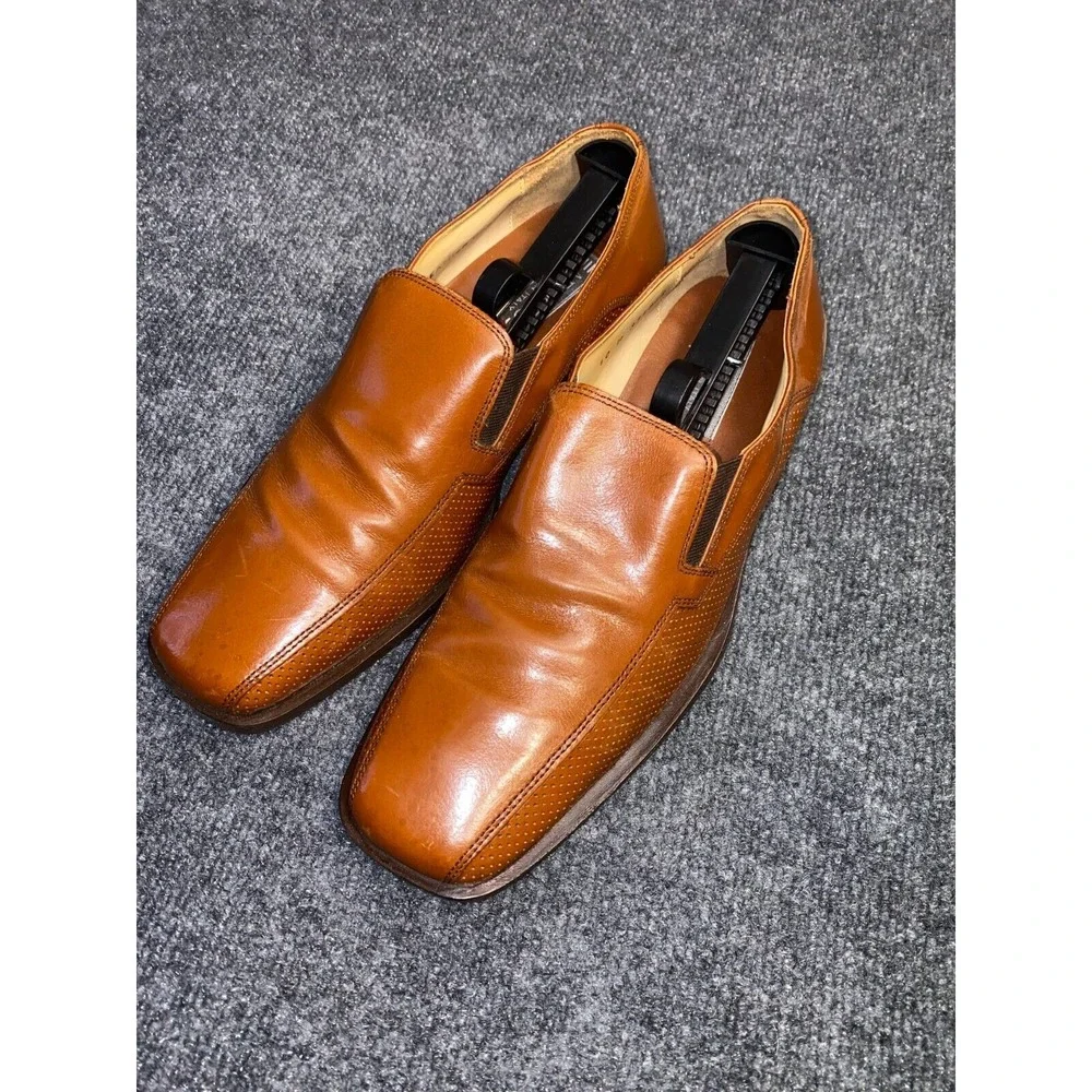 Adolfo Casual Loafer Shoes Men's 10M Brown Perforated Leather Square Toe Slip On